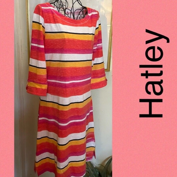 HATLEY TROPICAL STRIPED "PEPLUM DRESS"~ORANGE, WHITE, YELLOW KNIT~SMALL - Picture 1 of 4